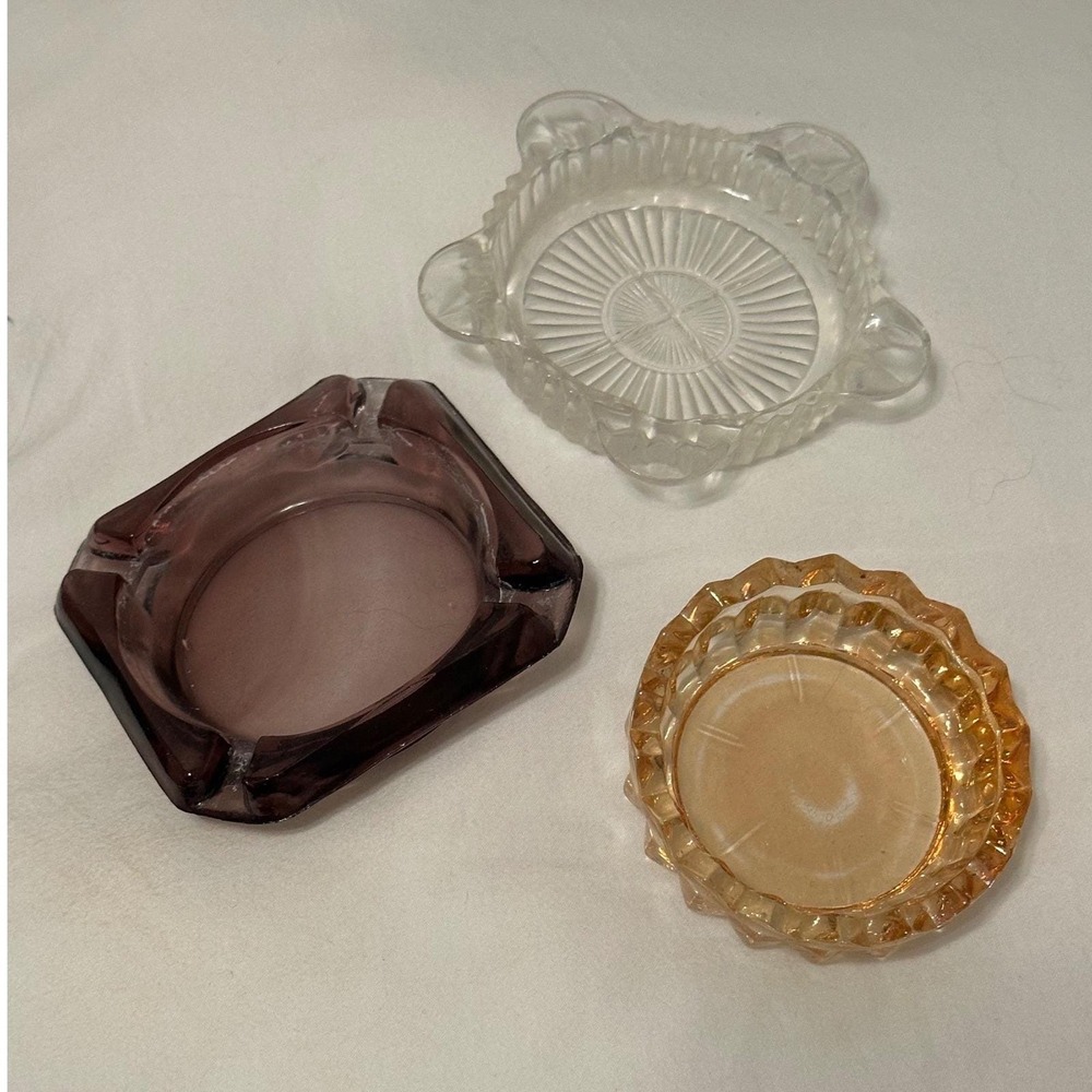 Vintage Glass Ashtray Set 3pc Clear Purple Amber MCM Excellent Trinket Dish‎
